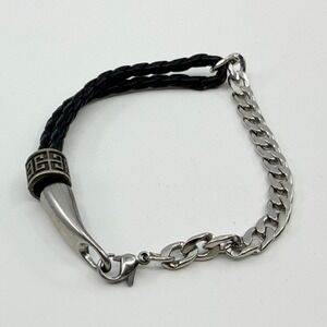 Y2K Black Braided Leather & Silver Tone‎ Curb Chain Greek Key Accent Bracelet